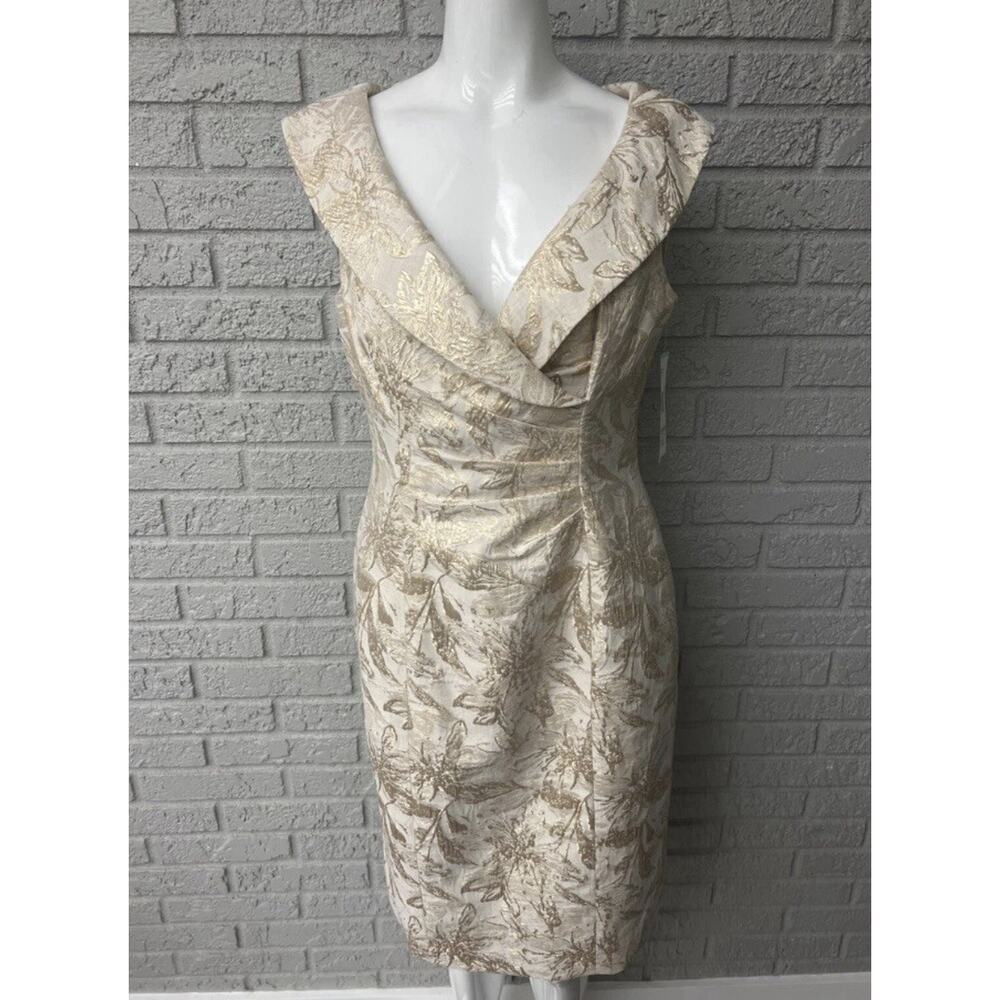 Vintage Evan Picone Woman's Shawl Collar Ruched Gold Sleeveless Dress Size 12
